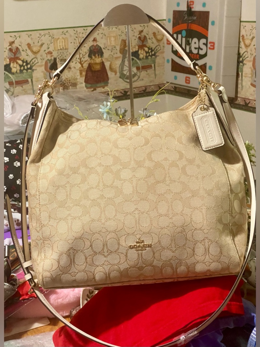 Coach EUC Celeste Signature Convertible Hobo (style F58327) Light Khaki/Chalk.